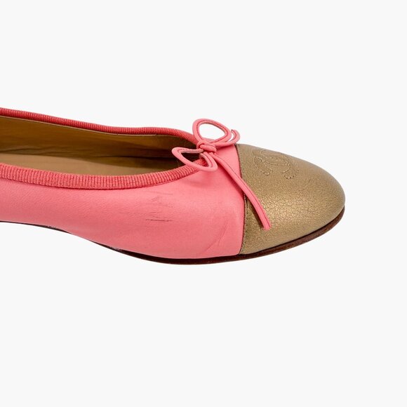 Chanel CC Pink Gold Leather Cap Toe Ballet Flats Shoes Size 39 US 8-8.5 Women's - Picture 11 of 16